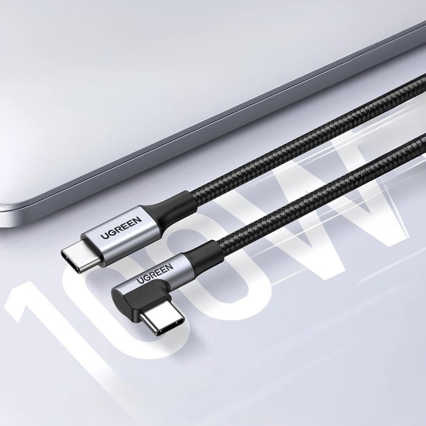 Kabel kątowy Ugreen US334 USB-C / USB-C 90º PD 100W 480Mb/s 1 m, czarny