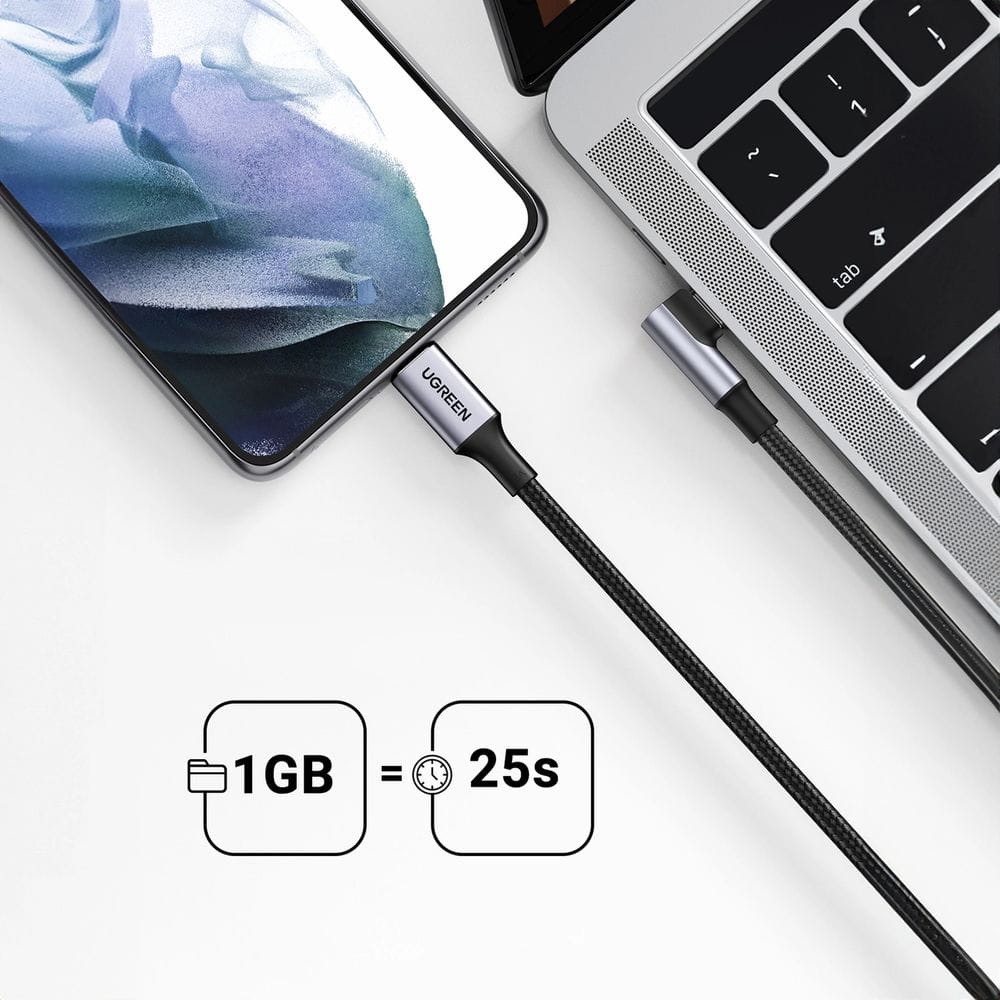 Kabel kątowy Ugreen US334 USB-C / USB-C 90º PD 100W 480Mb/s 1 m, czarny