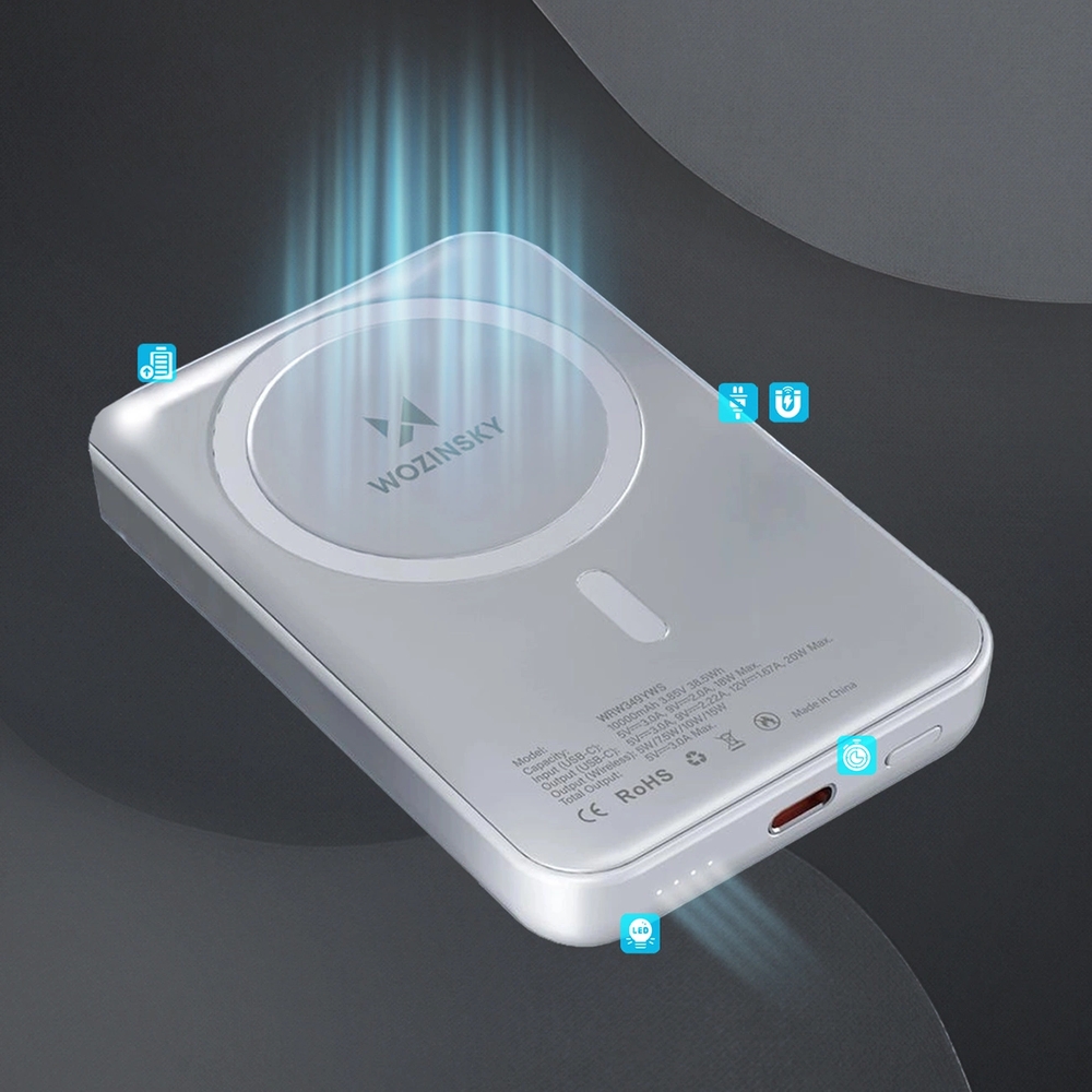Wskaźnik LED poziomu energii w powerbanku Wozinsky WRW349YWS 10000 mAh, biały