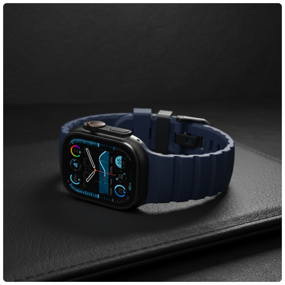 Wytrzymały granatowy pasek FKM YAXO Rugged Evo do Apple Watch na ciemnym tle