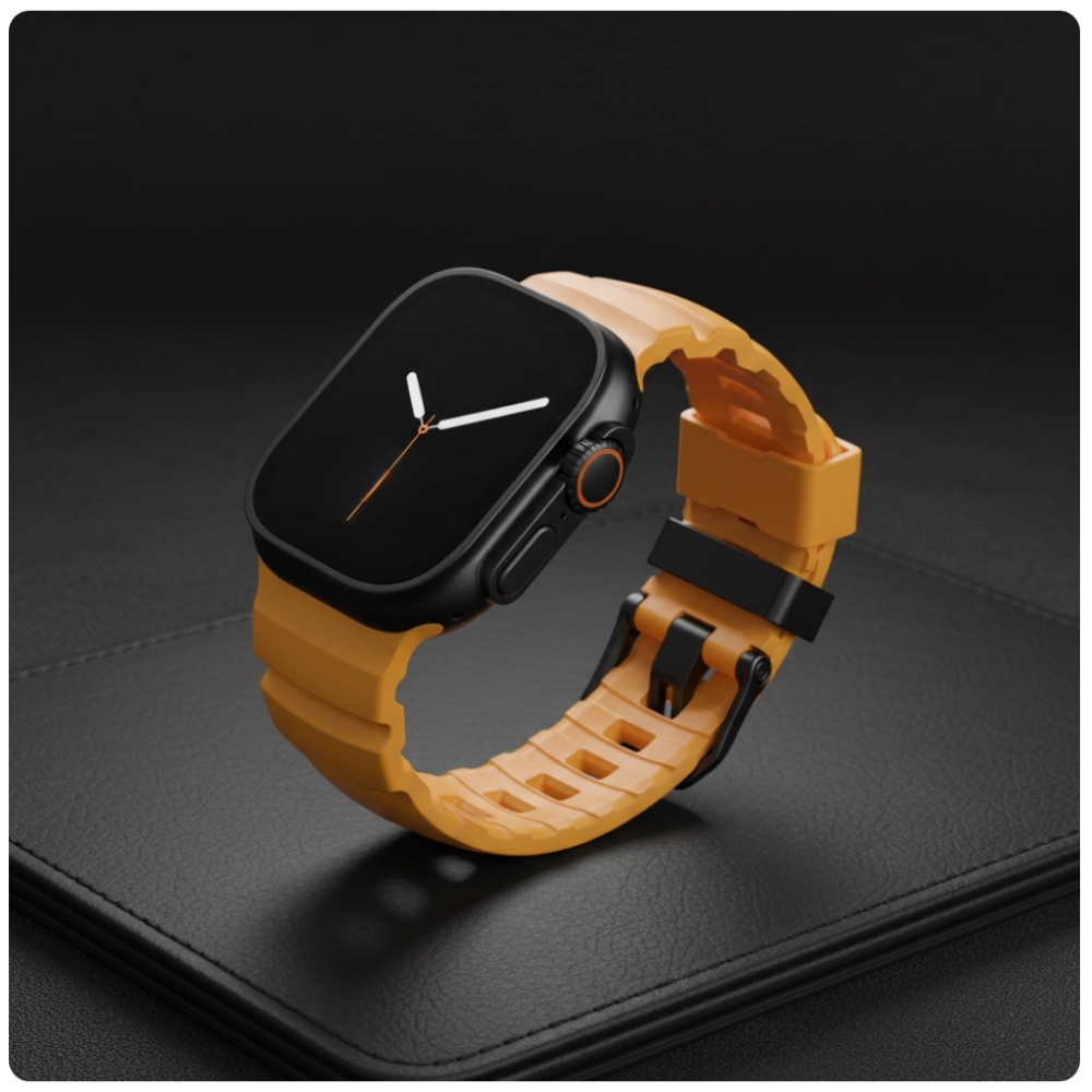 Wytrzymały żółty pasek FKM YAXO Rugged Evo Sport Band do Apple Watch na ciemnym tle