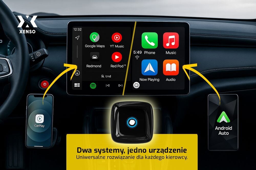 Bezprzewodowy adapter CarPlay / Android Auto, XENSO B5 USB-A + USB-C, przełączanie między urządzeniami