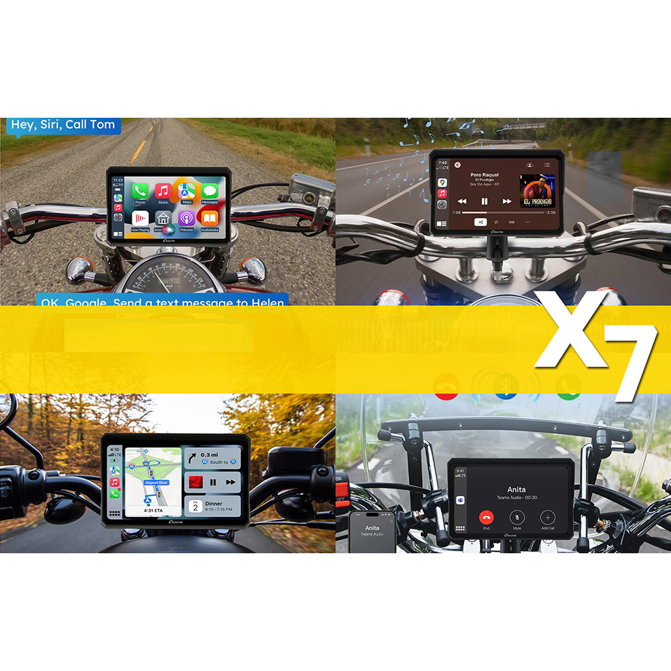 Ekran, stacja multimedialna na motocykl 7" XENSO X7, CarPlay/Android Auto z kamerą, czarny