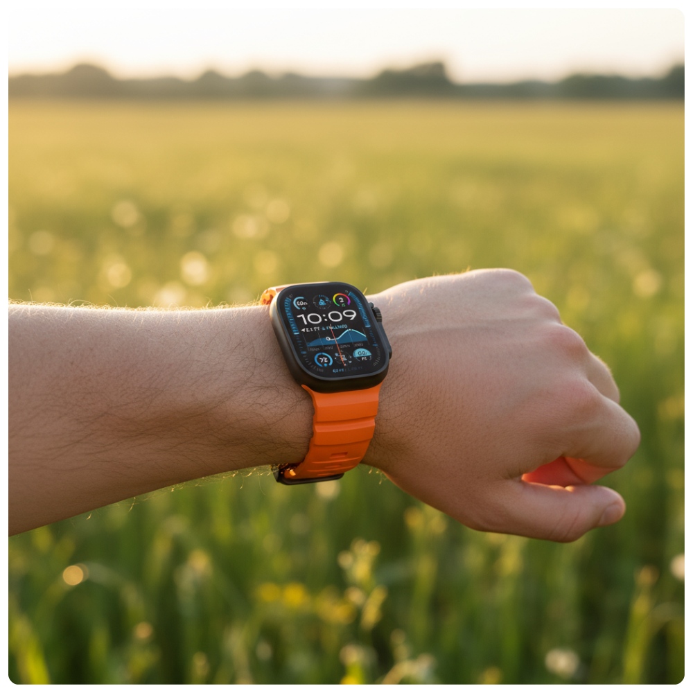 Pomarańczowy pasek sportowy YAXO Rugged Evo do Apple Watch podczas aktywności na świeżym powietrzu