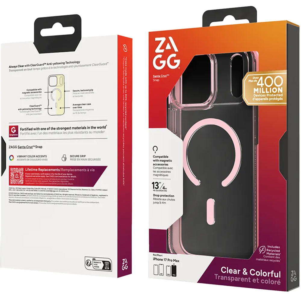 Etui Zagg Santa Cruz Snap do iPhone 17 Pro Max do MagSafe, przezroczysto-różowe