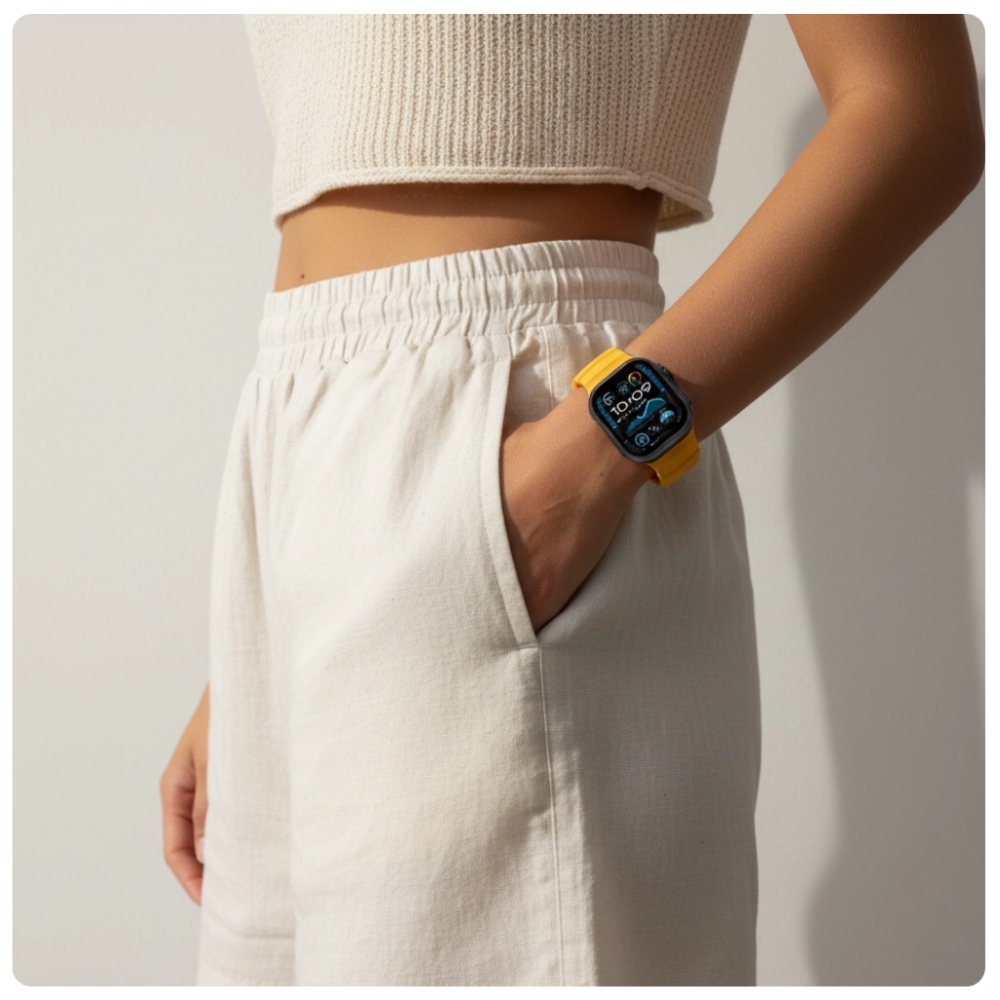 Żółty pasek YAXO Rugged Evo do Apple Watch w lekkiej codziennej stylizacji