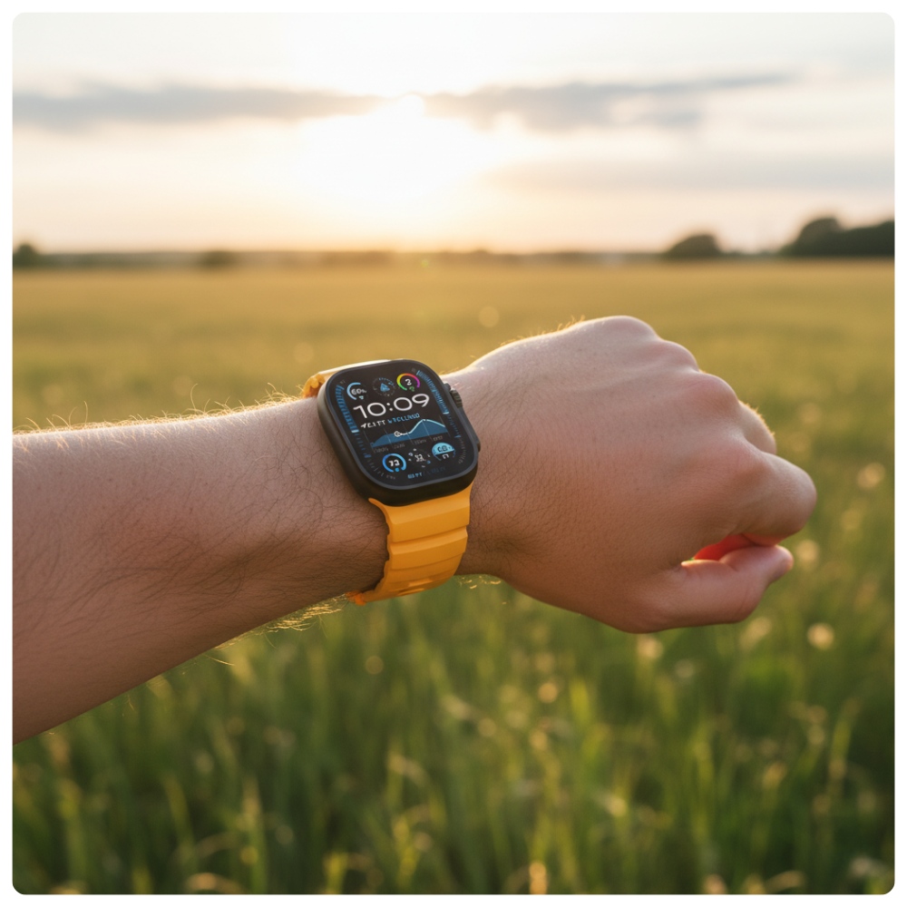 Żółty pasek sportowy YAXO do Apple Watch na nadgarstku podczas aktywności na zewnątrz