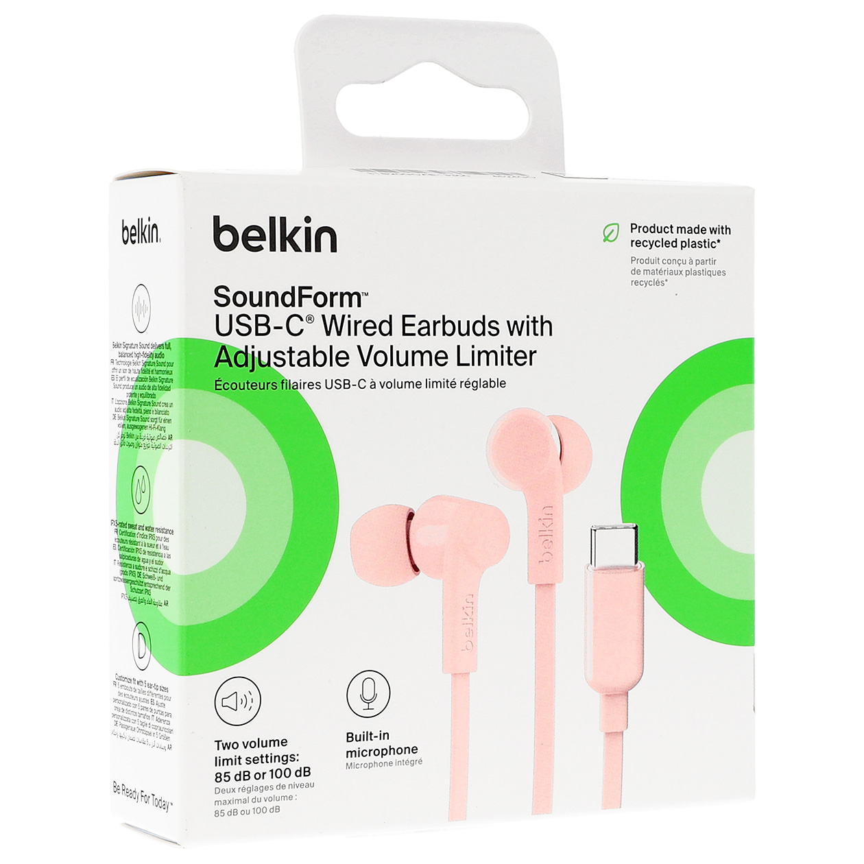 Przewodowe słuchawki douszne z mikrofonem dla dzieci i dorosłych Belkin SoundForm USB-C Wired Earbuds with Adjustable Volume Limiter, różowe
