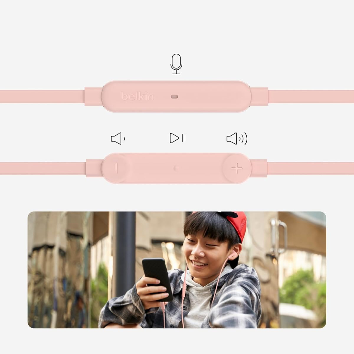 Przewodowe słuchawki douszne z mikrofonem dla dzieci i dorosłych Belkin SoundForm USB-C Wired Earbuds with Adjustable Volume Limiter, różowe