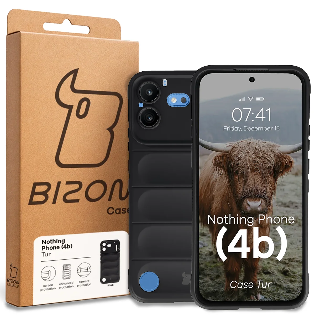 Przód pudełka Bizon Case z dedykowaną etykietą do Nothing Phone (4b)