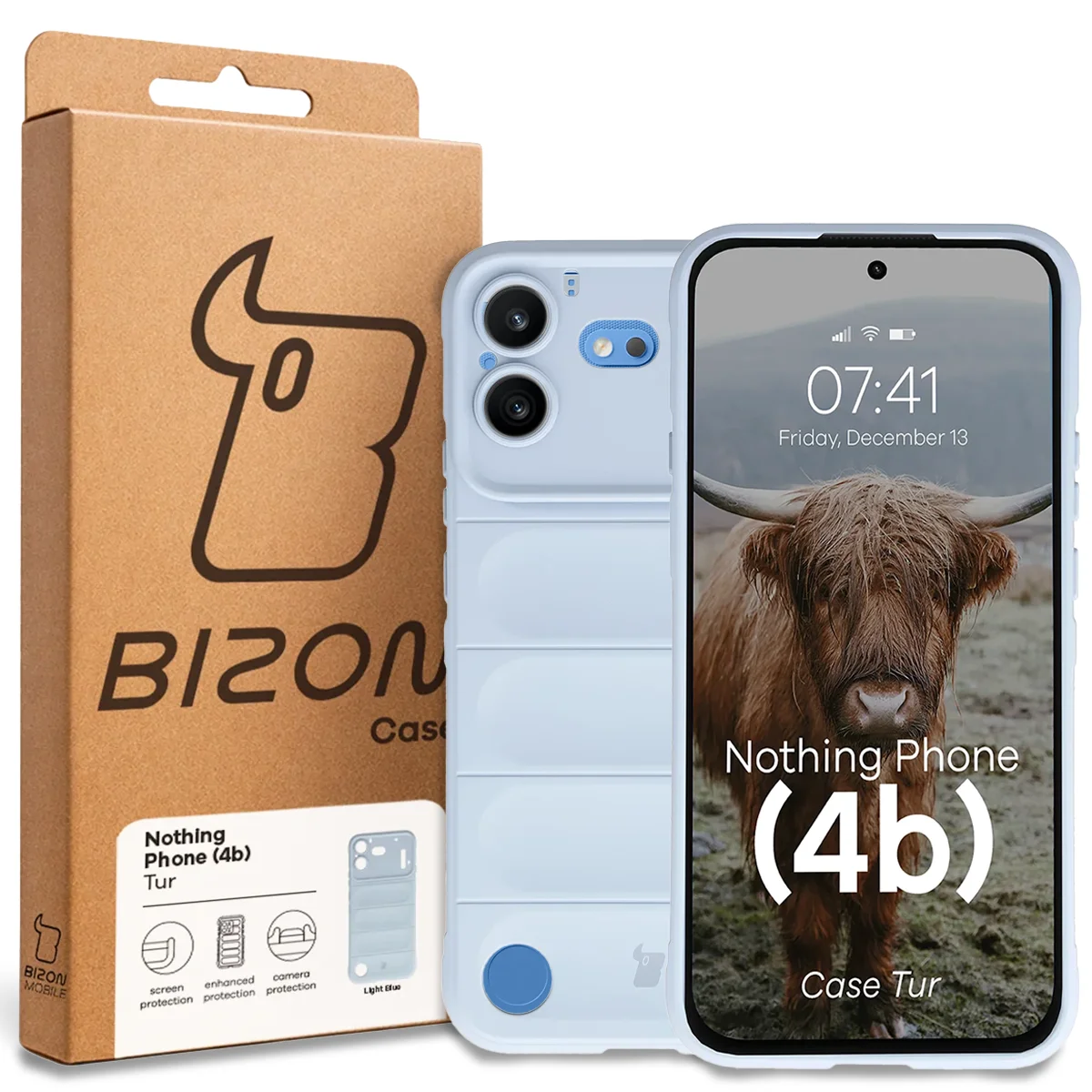 Przód pudełka Bizon Case z dedykowaną etykietą do Nothing Phone (4b)