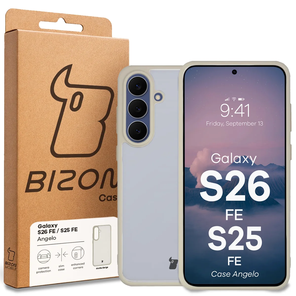 Przód pudełka Bizon Case z dedykowaną etykietą do Galaxy S25 FE, Galaxy S26 FE