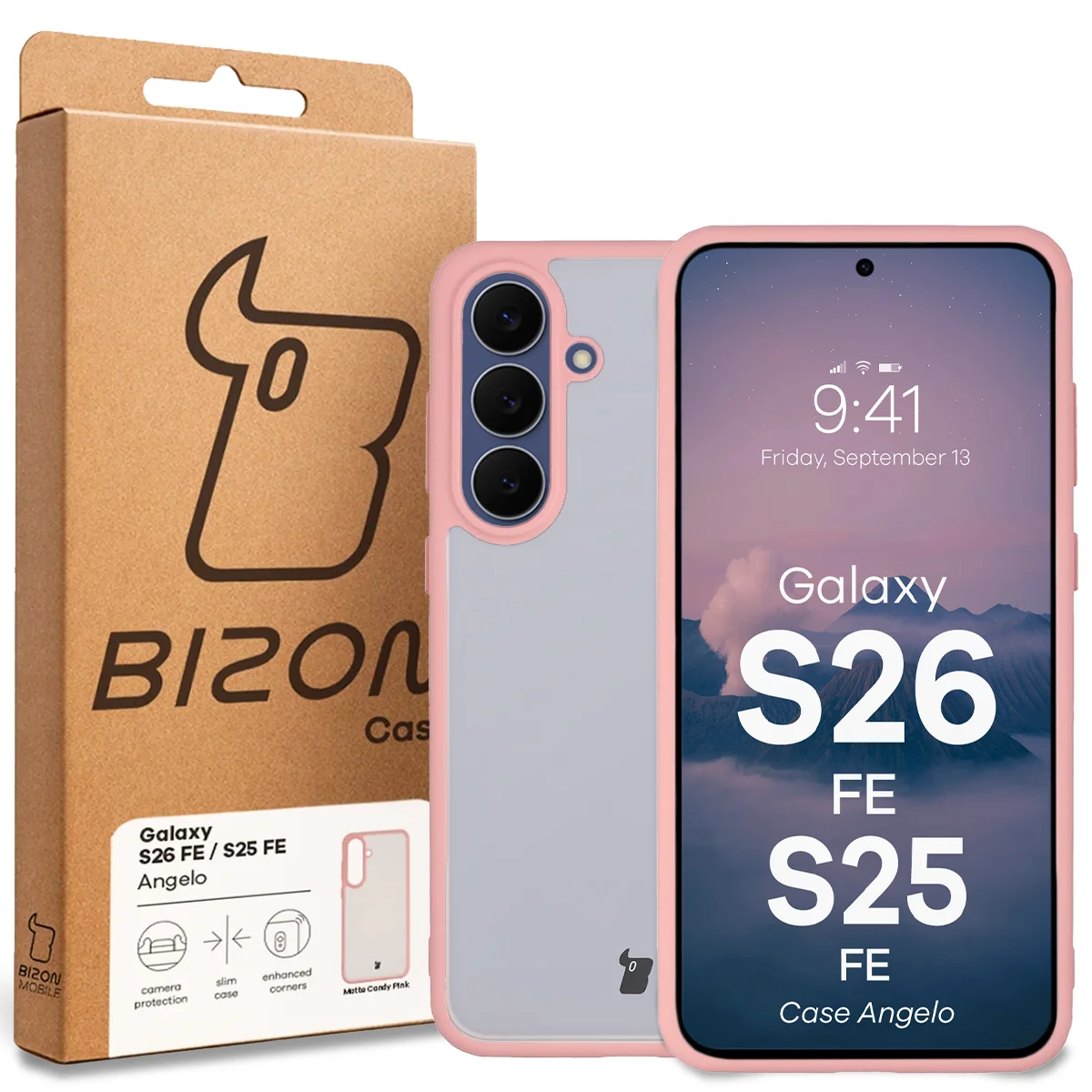 Przód pudełka Bizon Case z dedykowaną etykietą do Galaxy S25 FE, Galaxy S26 FE