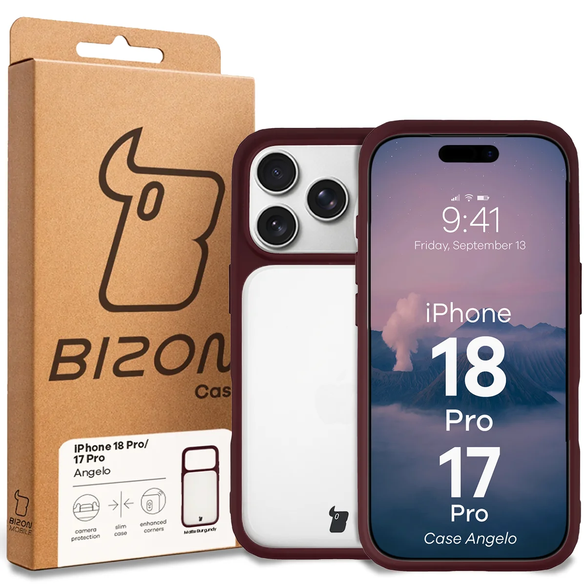 Przód pudełka Bizon Case z dedykowaną etykietą do iPhone 18 Pro / 17 Pro