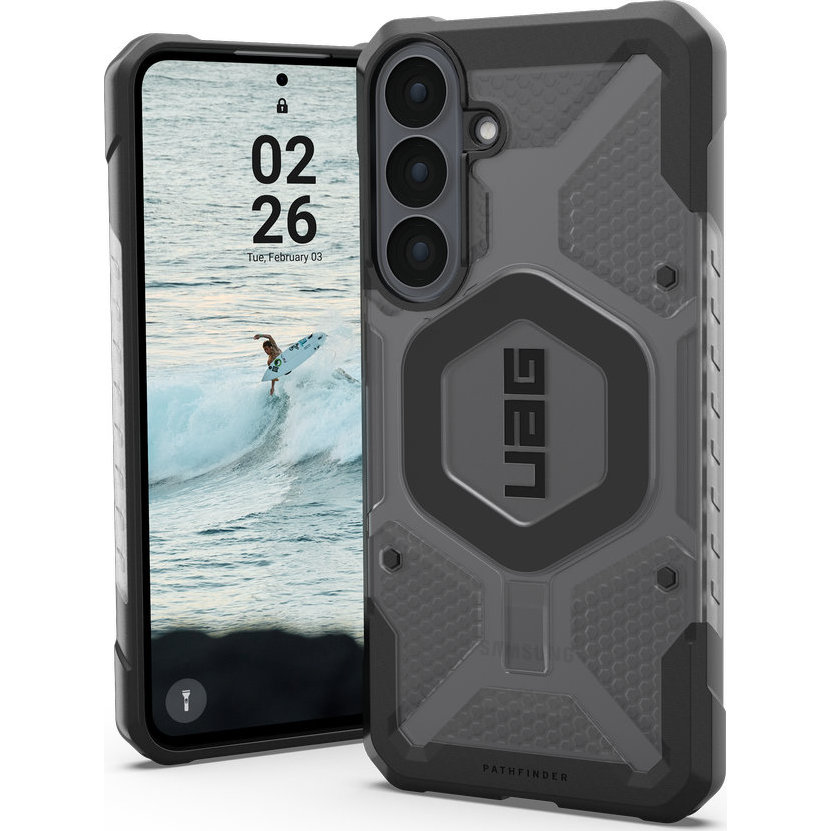 Etui pancerne Urban Armor Gear Pathfinder Clear do MagSafe do Galaxy S26 FE, Ash/Black (kolor etui: półprzezroczysty frost / kolor ramki: czarny / kolor pierścienia: czarny)