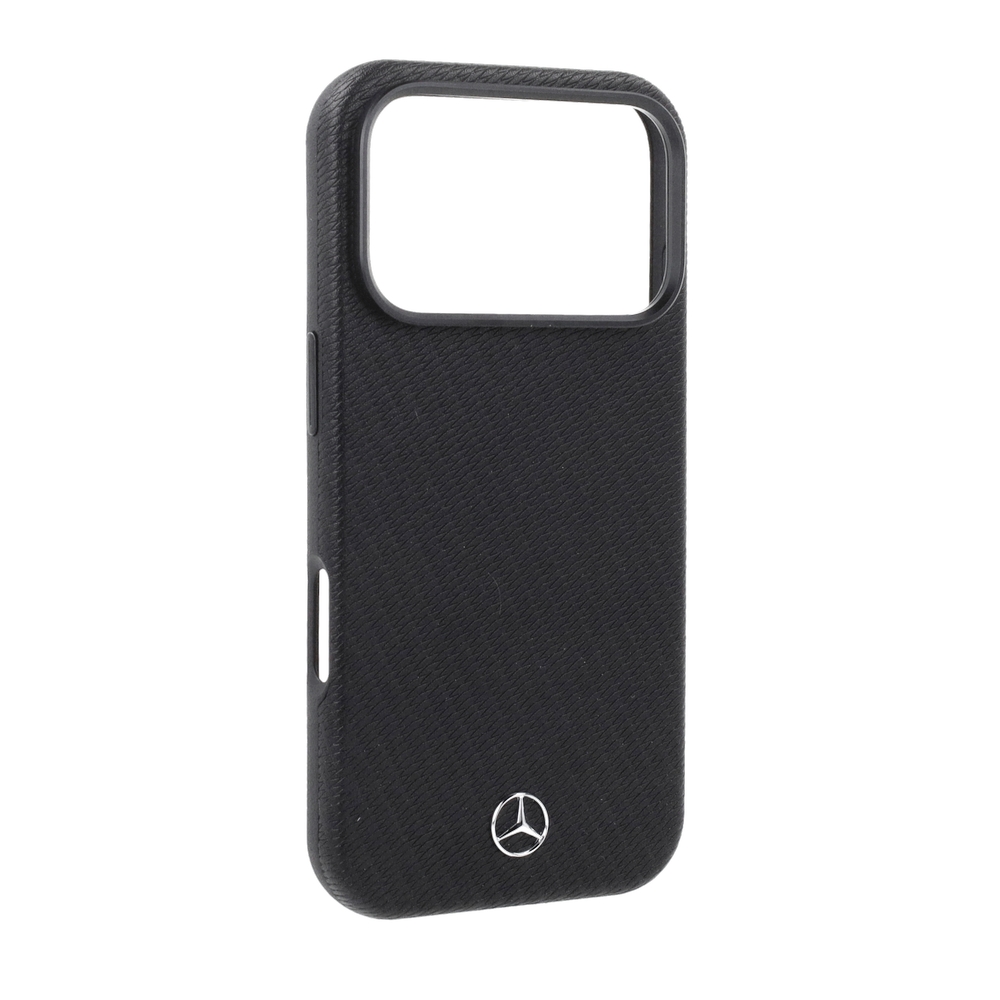 Etui Mercedes Leather Semi Wrap Wood Effect z metalową ramką aparatu do iPhone 18 Pro / 17 Pro, Black (czarny)