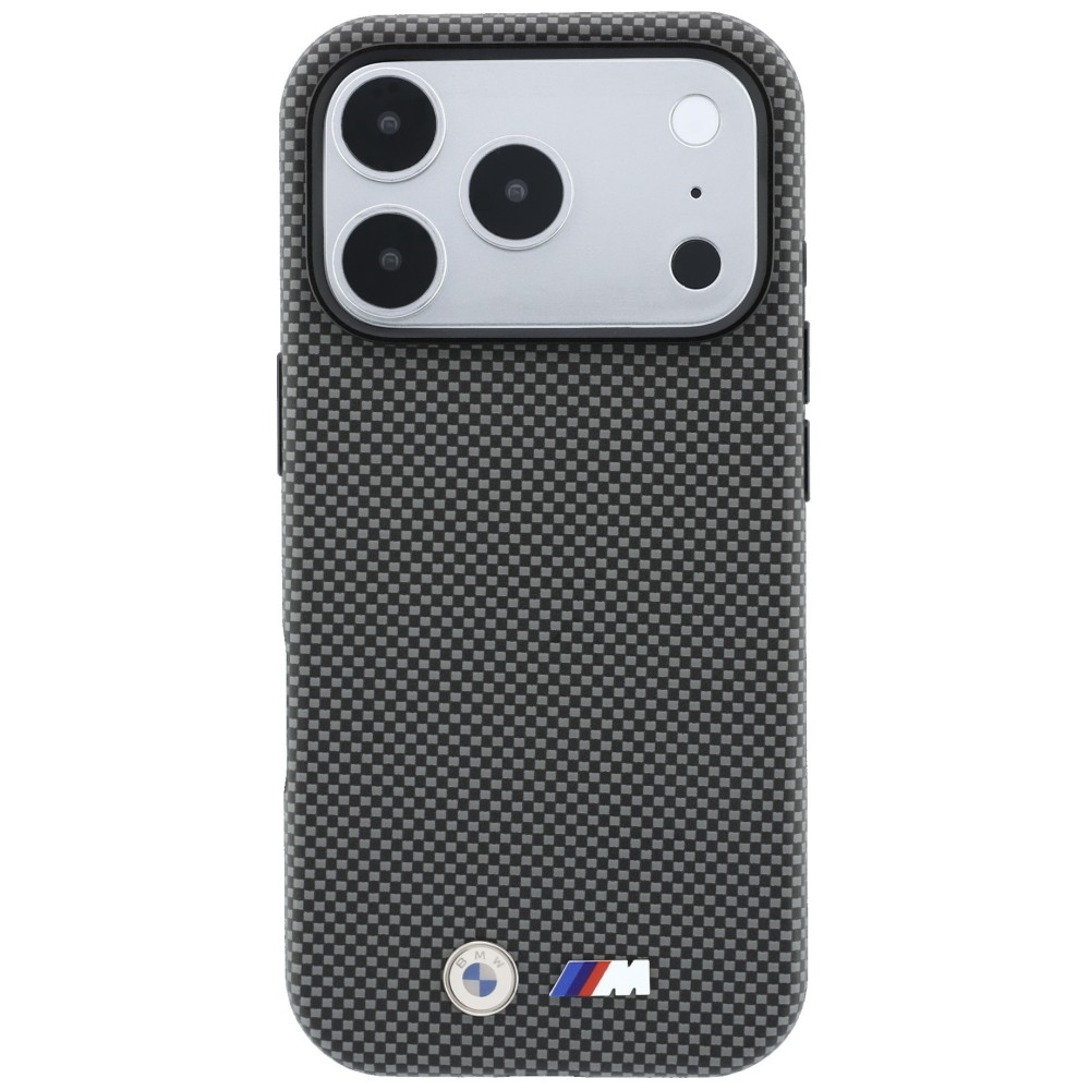 Smukłe etui ochronne BMW M Quadrille Kevlar Metal Logo MagSafe do iPhone 18 Pro / 17 Pro, Gray (szary)