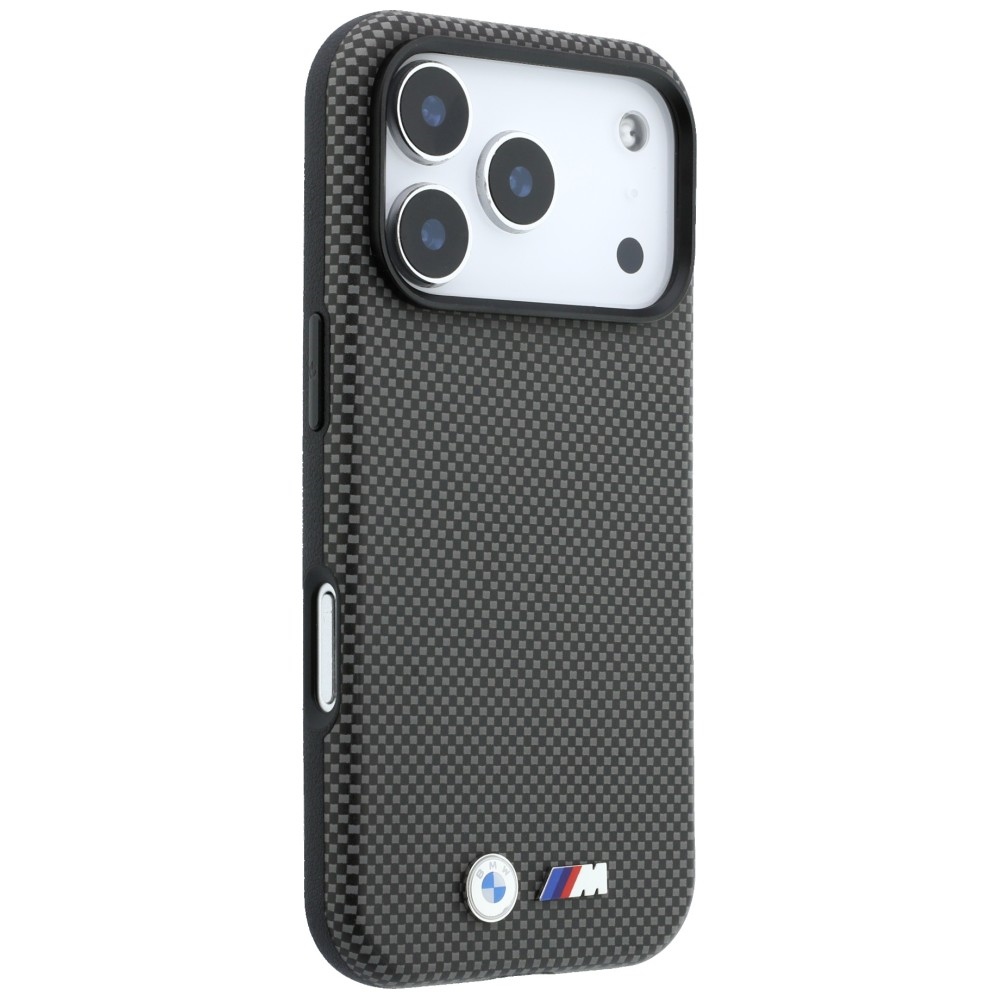 Etui BMW M Quadrille Kevlar Metal Logo z osłonami przycisków do iPhone 18 Pro / 17 Pro, Gray (szary)