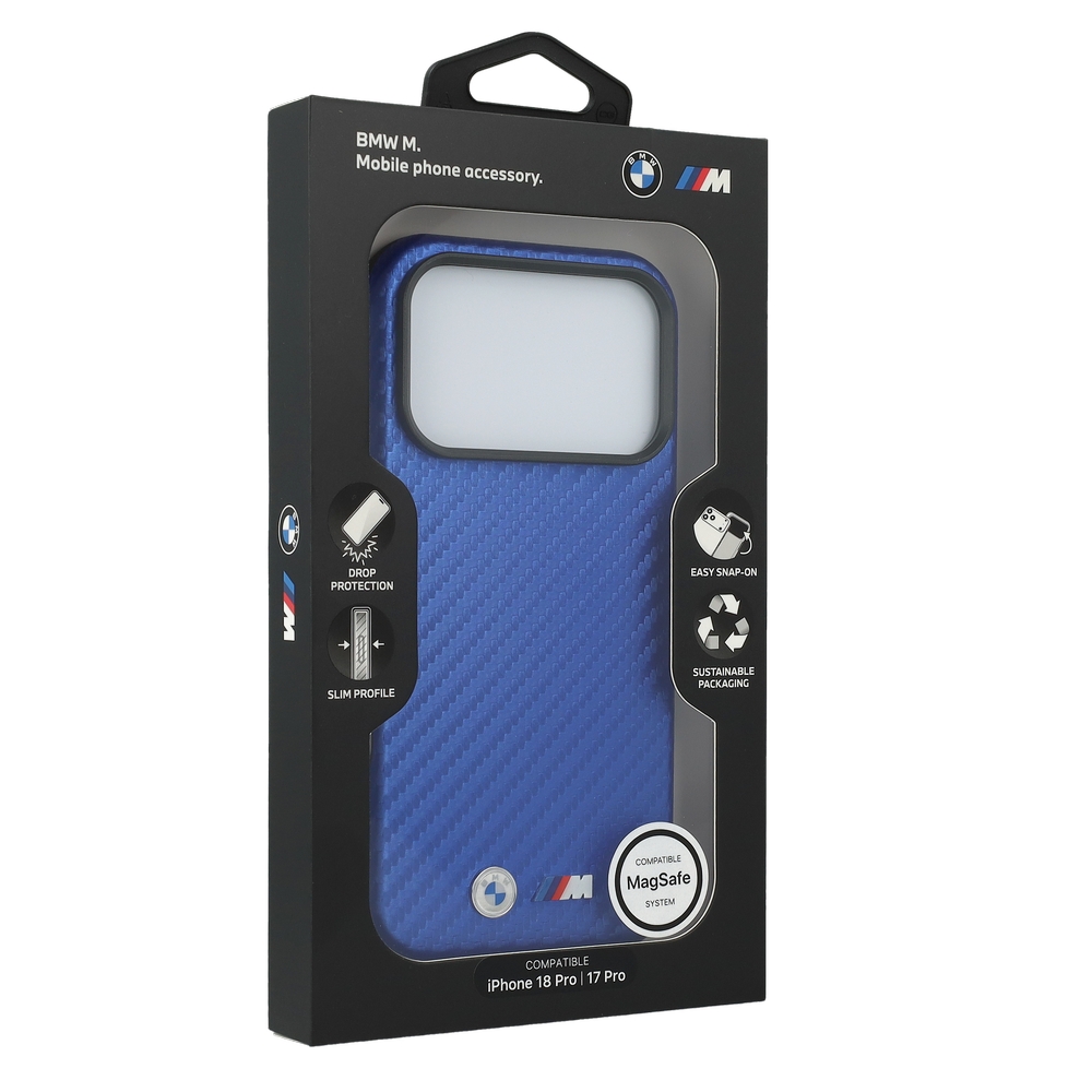 Etui BMW M Carbon Metal Logo z wykończeniem Carbon do iPhone 18 Pro Max / 17 Pro Max, Blue (niebieski)
