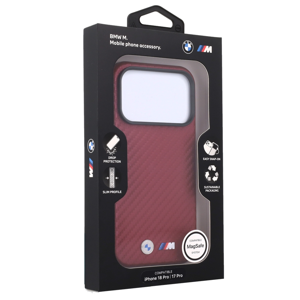 Etui BMW M Carbon Metal Logo z wykończeniem Carbon do iPhone 18 Pro / 17 Pro, Burgundy (bordowy)