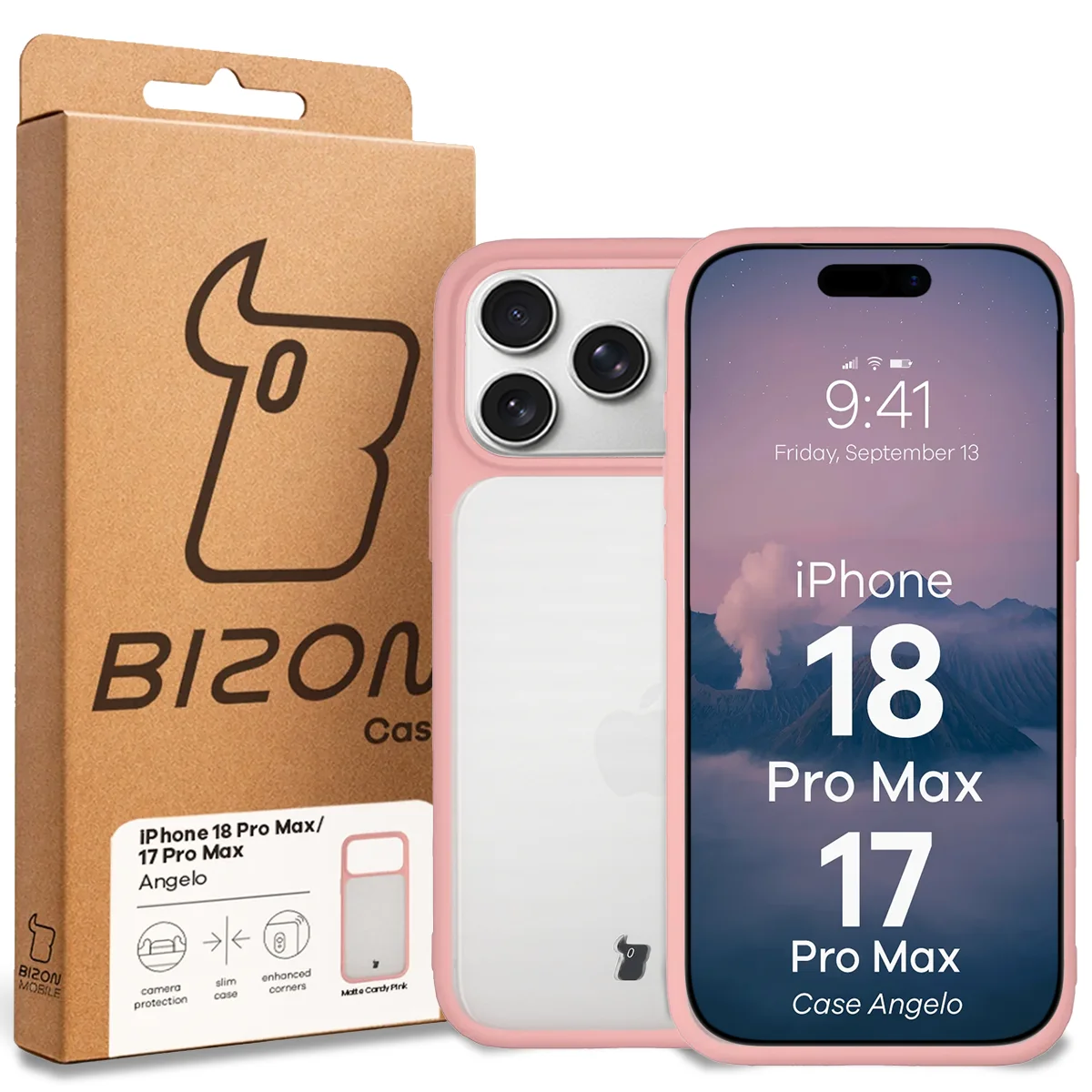 Przód pudełka Bizon Case z dedykowaną etykietą do iPhone 18 Pro Max / 17 Pro Max