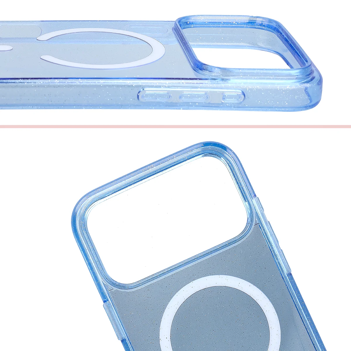 Podwyższone krawędzie aparatu i duże wycięcie w etui Bizon Case SparklO do iPhone 18 Pro Max / 17 Pro Max