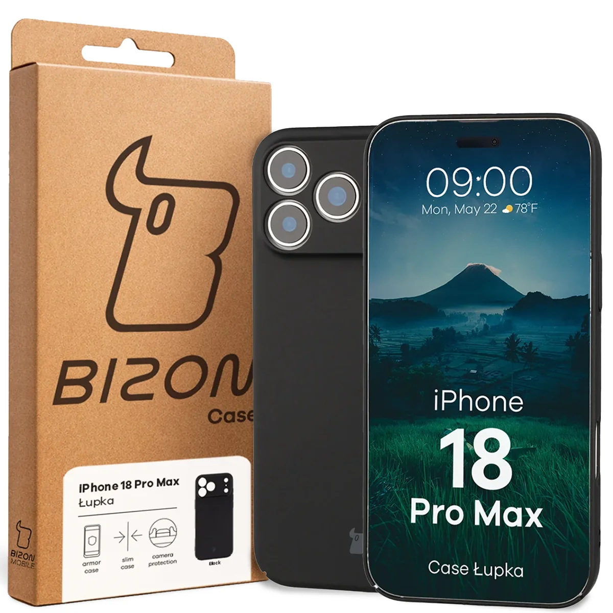 Przód pudełka Bizon Case z dedykowaną etykietą do iPhone 18 Pro Max
