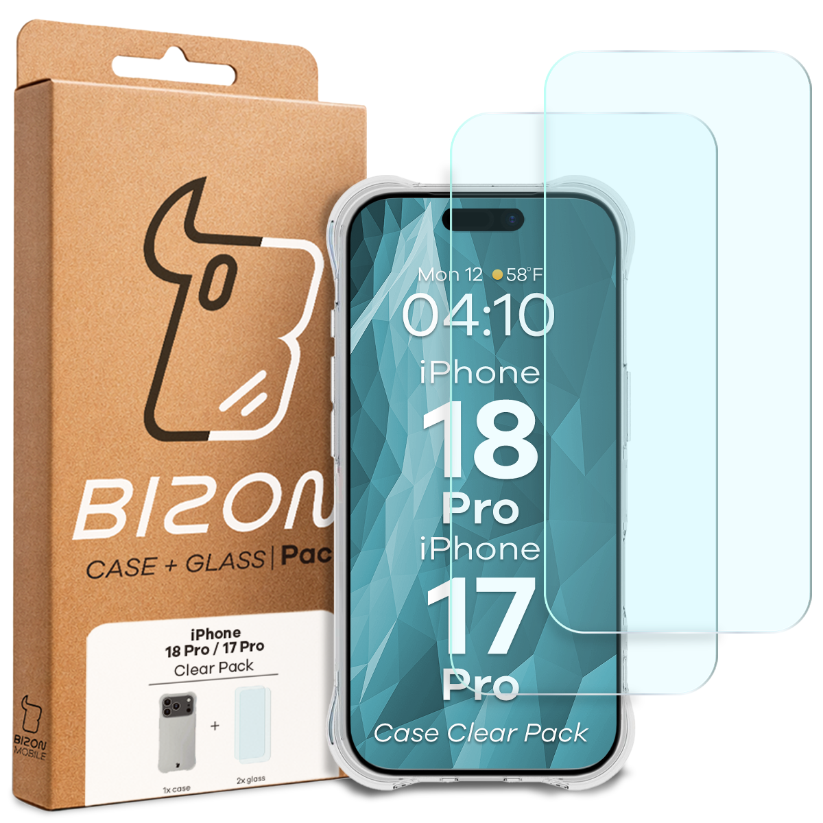 Przód pudełka Bizon Case+Glass z dedykowaną etykietą do iPhone 18 Pro / 17 Pro