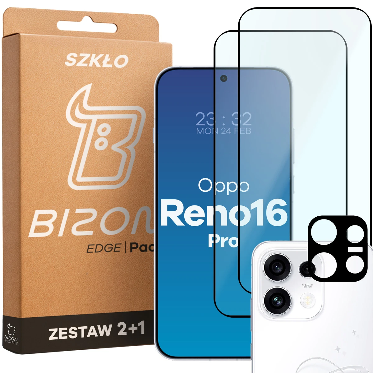 Pudełko i zestaw szkieł do OPPO Reno16 Pro: 2x szkło hartowane i lens