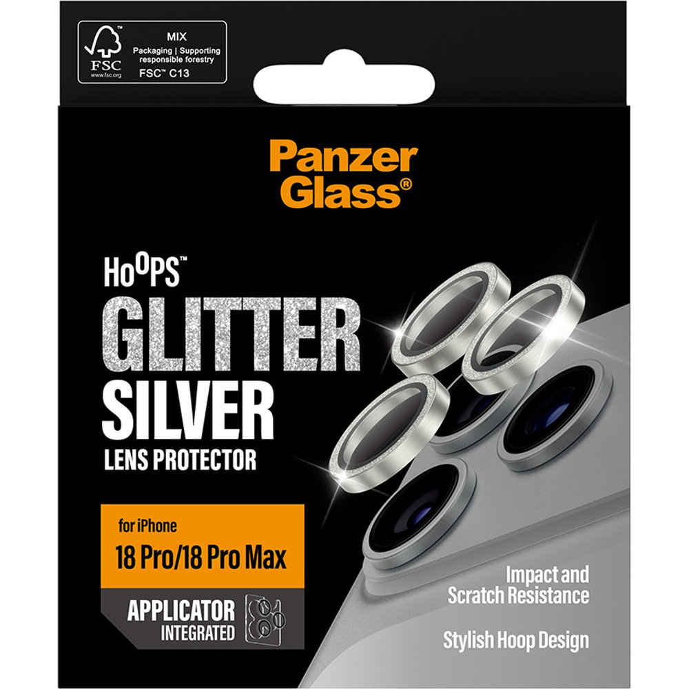 Pojedyncze lensy ze szkła hartowanego i aluminium na aparat z aplikatorem PanzerGlass Hoops do iPhone 18 Pro Max / 18 Pro, Glitter Silver (srebrny)