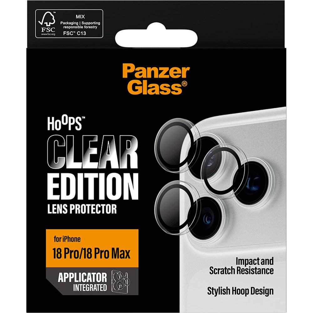 Pojedyncze lensy ze szkła hartowanego i aluminium na aparat z aplikatorem PanzerGlass Hoops do iPhone 18 Pro Max / 18 Pro, Transparent (przezroczysty)