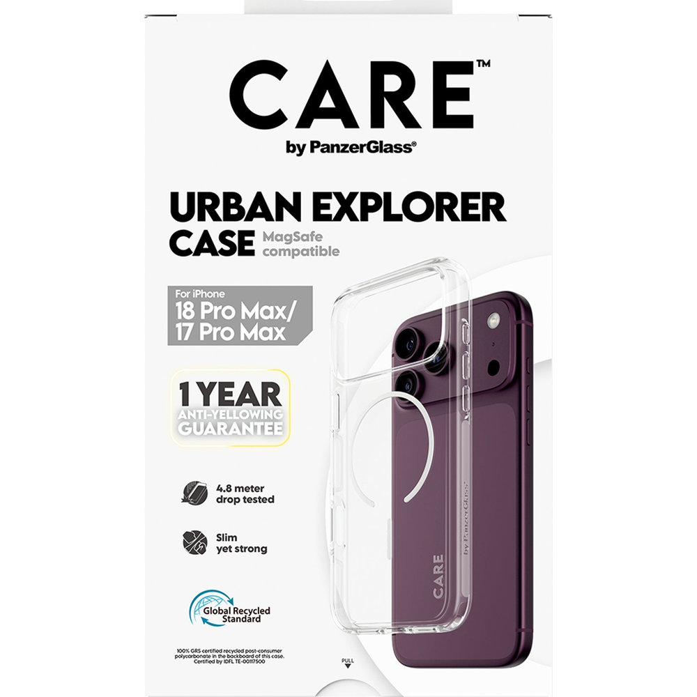 CARE by PanzerGlass Urban Explorer Case MagSafe, ochrona aparatu foto, zabezpiecza obiektyw, pewność użytkowania, Clear White (przezroczysty z białym pierścieniem magnetycznym)
