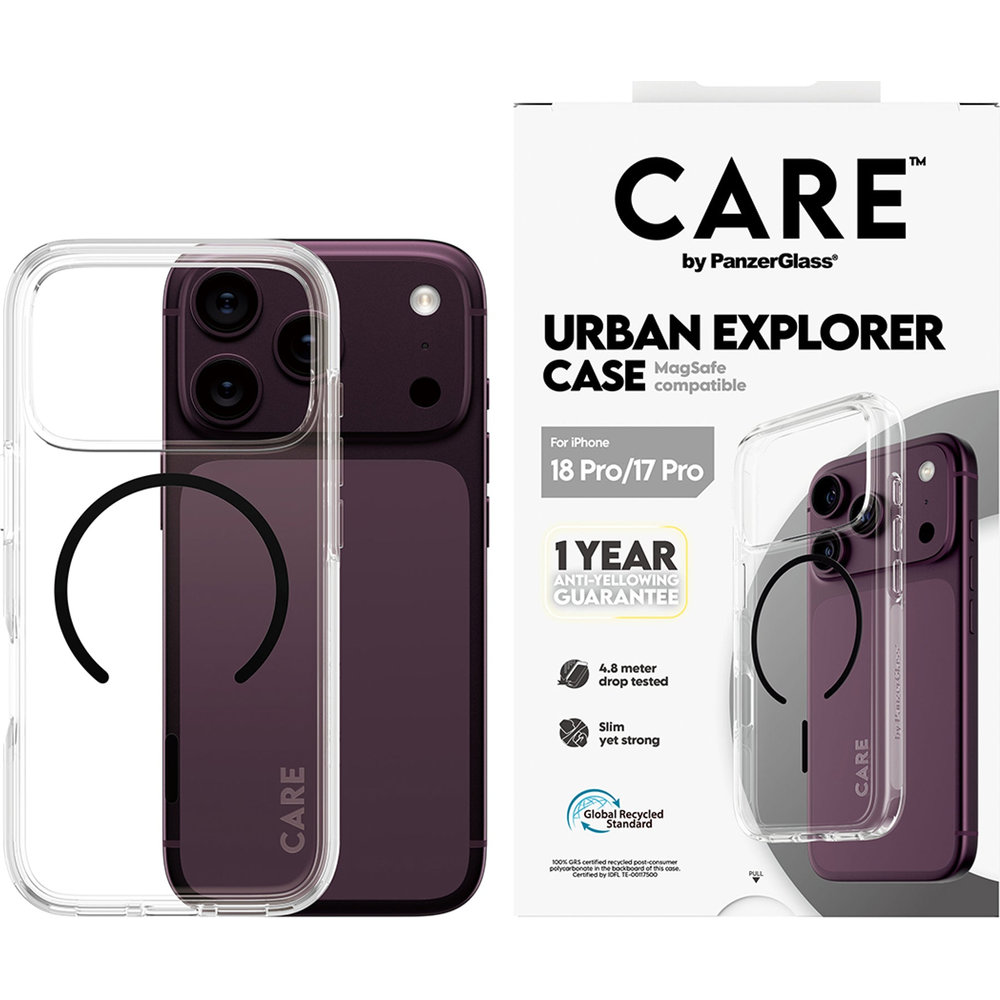 CARE by PanzerGlass Urban Explorer Case MagSafe, ochronny case na plecki, elegancki smukły, Clear Black (przezroczysty z czarnym pierścieniem magnetycznym)