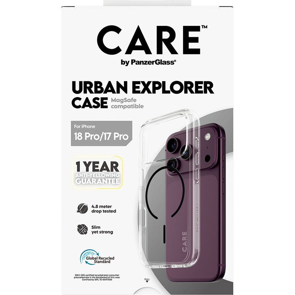 CARE by PanzerGlass Urban Explorer Case MagSafe, ochrona aparatu foto, zabezpiecza obiektyw, pewność użytkowania, Clear Black (przezroczysty z czarnym pierścieniem magnetycznym)