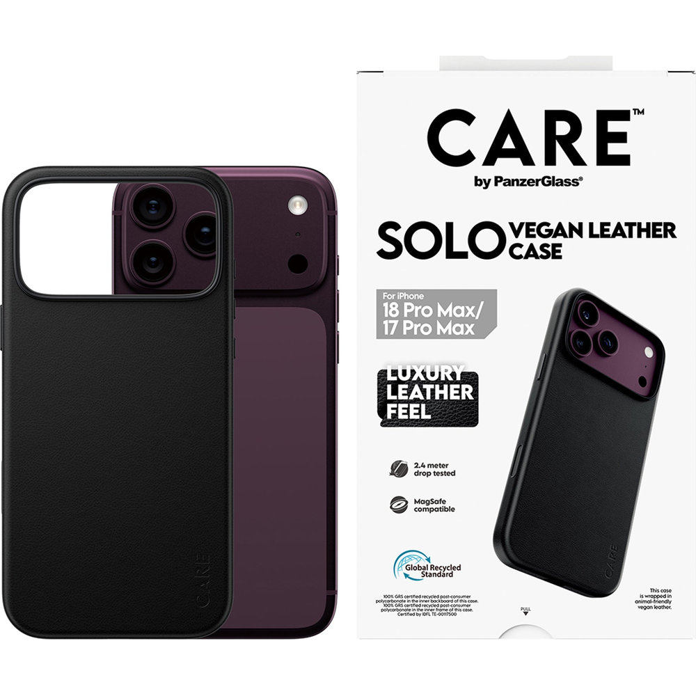 Etui ze skóry wegańskiej CARE by PanzerGlass Solo Vegan Leather Case do iPhone 18 Pro Max / 17 Pro Max, Black (czarny). Luksusowa ochrona urządzenia, miękka, delikatna