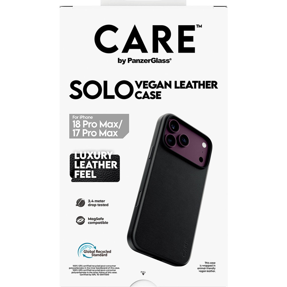 Etui ze skóry wegańskiej CARE by PanzerGlass Solo Vegan Leather Case do iPhone 18 Pro Max / 17 Pro Max, Black (czarny). Podwyższona krawędź wokół aparatu, zabezpieczenie