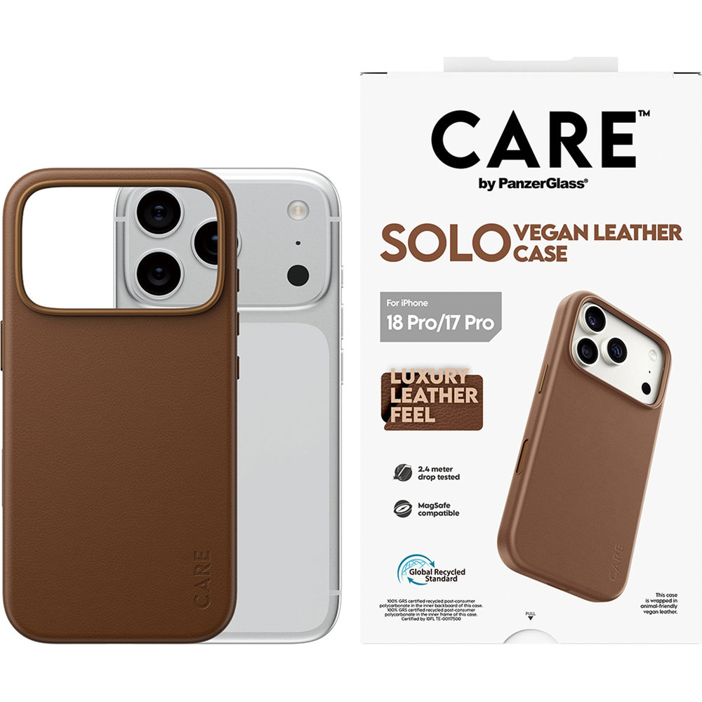 Etui ze skóry wegańskiej CARE by PanzerGlass Solo Vegan Leather Case do iPhone 18 Pro / 17 Pro, Brown (brązowy). Luksusowa ochrona urządzenia, miękka, delikatna