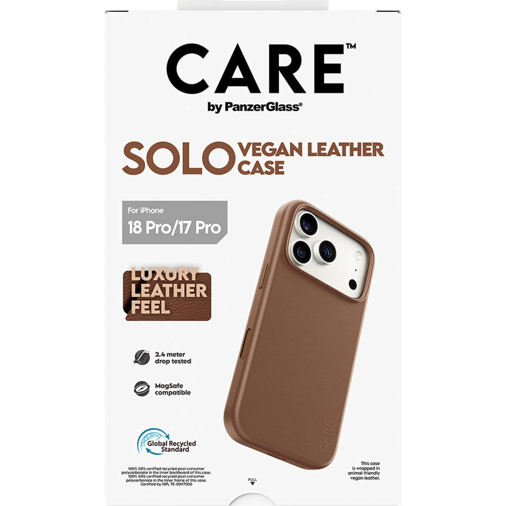Etui ze skóry wegańskiej CARE by PanzerGlass Solo Vegan Leather Case do iPhone 18 Pro / 17 Pro, Brown (brązowy). Podwyższona krawędź wokół aparatu, zabezpieczenie