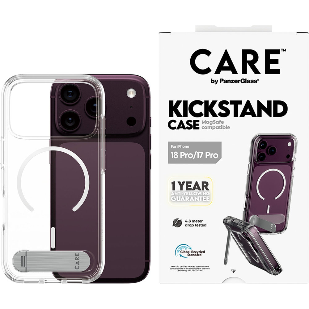 Etui CARE by PanzerGlass Kickstand Case do MagSafe do iPhone 18 Pro / 17 Pro, Clear White (przezroczysty z białym pierścieniem magnetycznym)