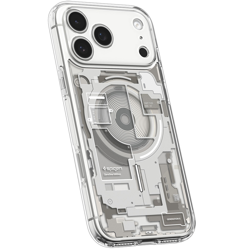 Etui Spigen Ultra Hybrid Mag z MagSafe do iPhone 18 Pro Max, Zero One Natural Titanium (kolor etui: beżowy/szary z nadrukowanym motywem odwzorowującym wewnętrzny układ komponentów smartfona / kolor ramki: przezroczysty)