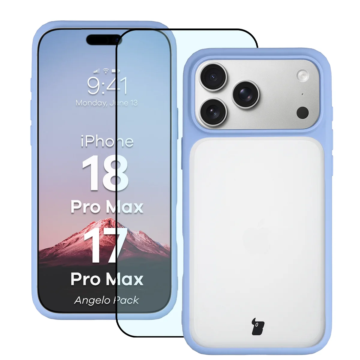 Przód pudełka Bizon Case Angelo Pack z dedykowaną etykietą do iPhone 18 Pro Max / 17 Pro Max