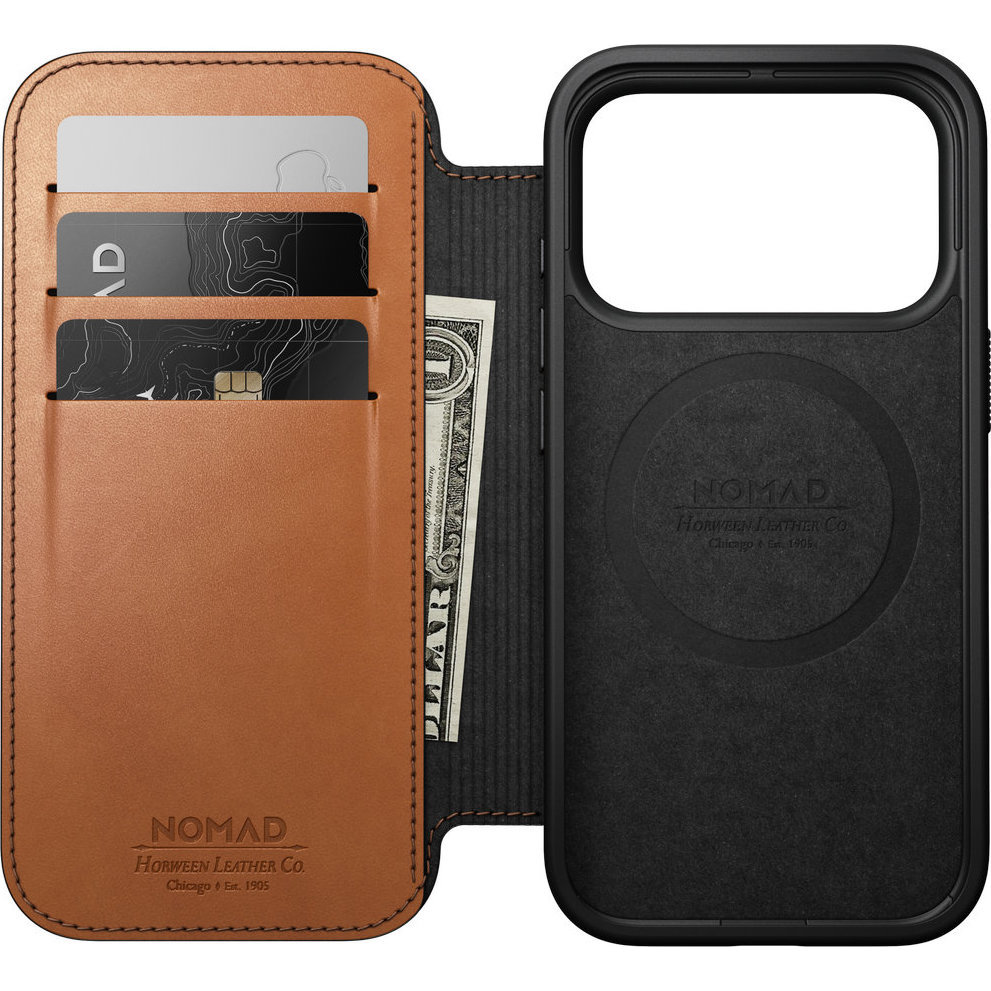 Etui z klapką Nomad Modern Leather Folio Horween Series do MagSafe, do iPhone 18 Pro / 17 Pro, Saddle (jasnobrązowy)