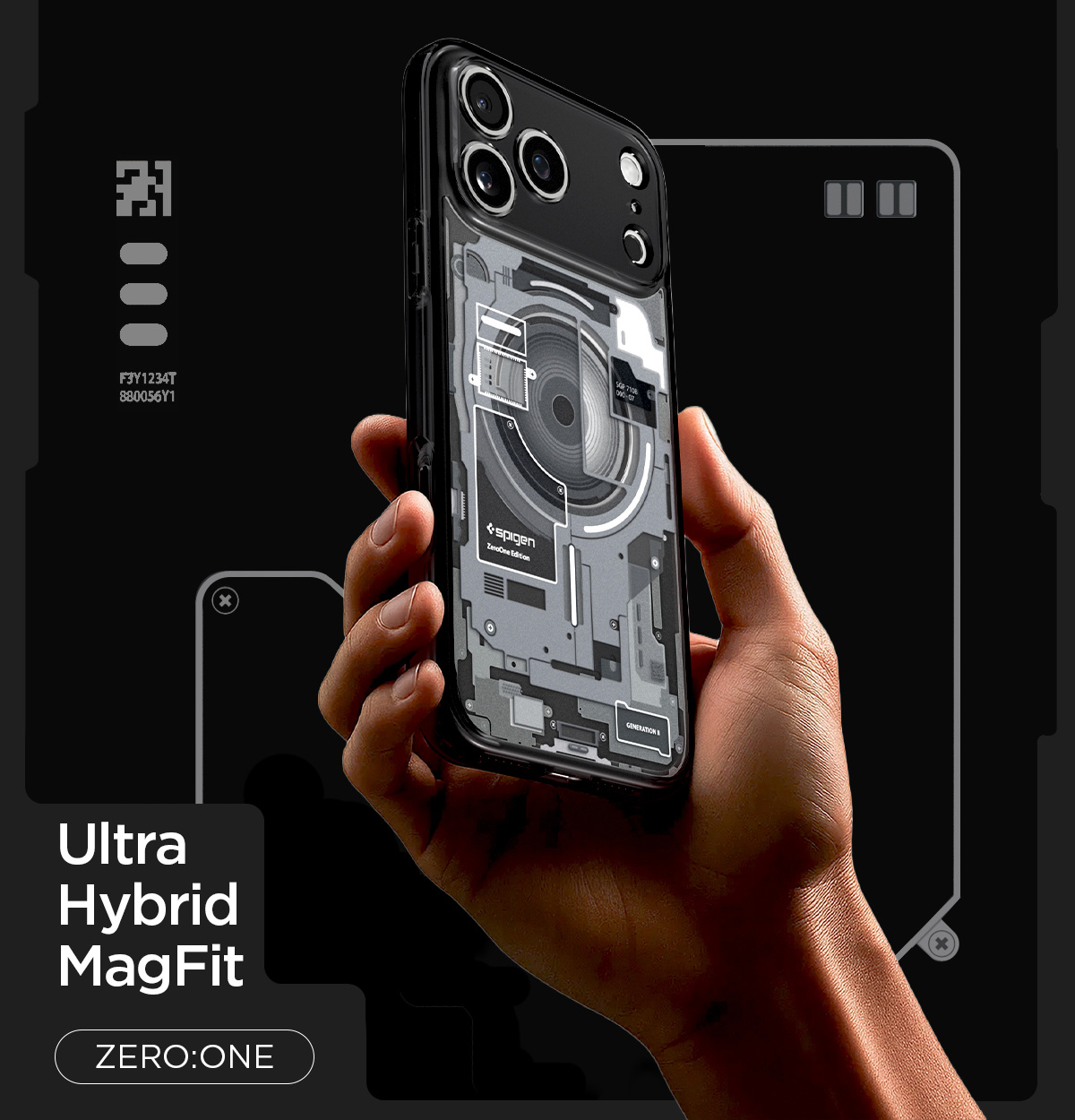 Etui Spigen Ultra Hybrid Mag z MagSafe do iPhone 18 Pro, Zero One Black (kolor etui: przydymiony/szary z nadrukowanym motywem odwzorowującym wewnętrzny układ komponentów smartfona / kolor ramki: przydymiony)