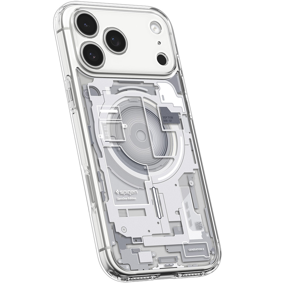 Etui Spigen Ultra Hybrid Mag z MagSafe do iPhone 18 Pro, Zero One White (kolor etui: biały/szary z nadrukowanym motywem odwzorowującym wewnętrzny układ komponentów smartfona / kolor ramki: przezroczysty)