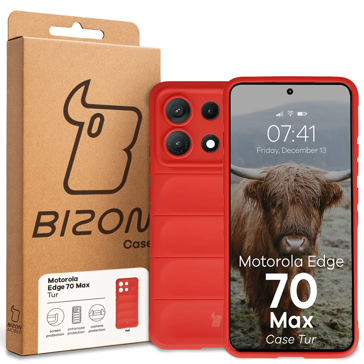 Przód pudełka Bizon Case z dedykowaną etykietą do Motorola Edge 70 Max