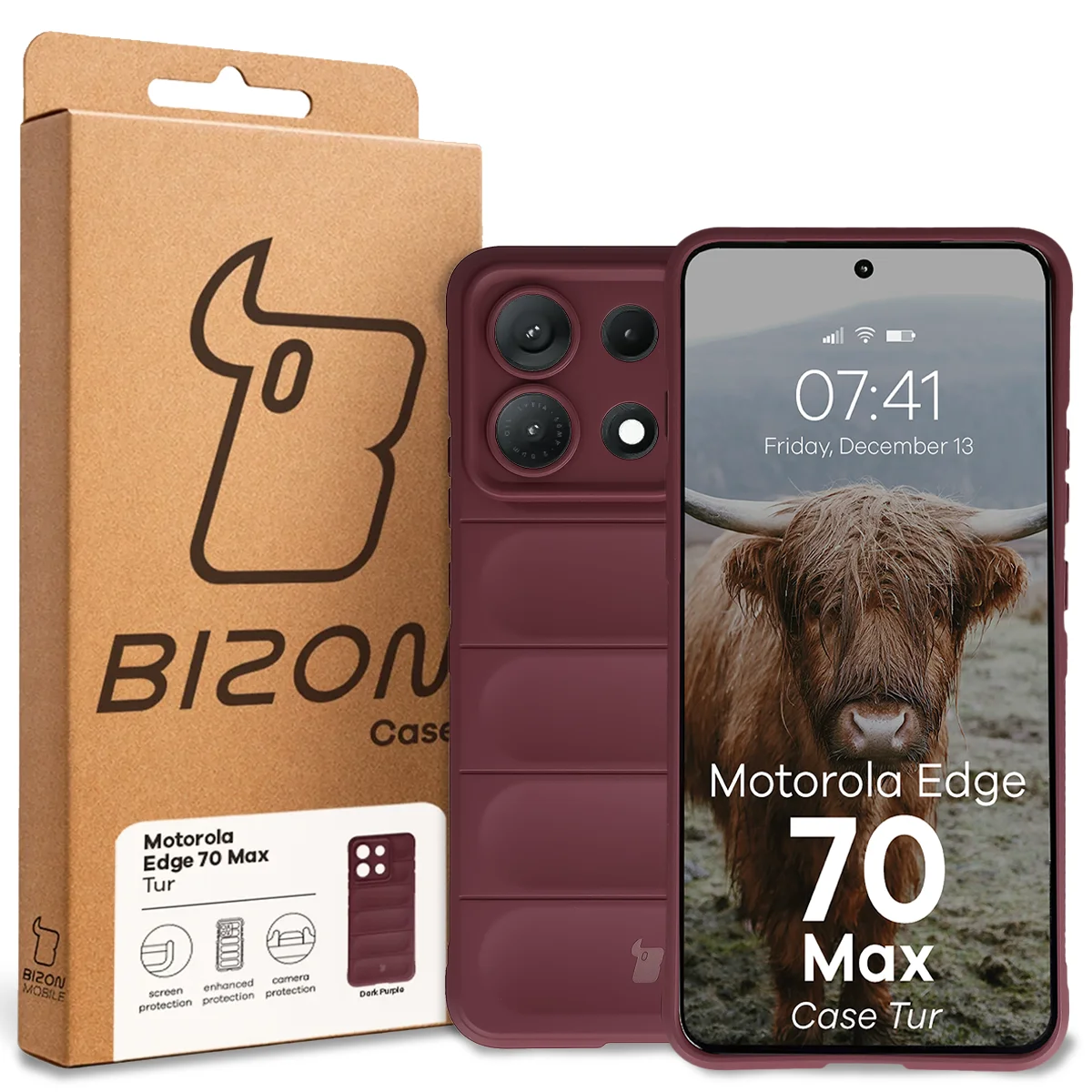 Przód pudełka Bizon Case z dedykowaną etykietą do Motorola Edge 70 Max