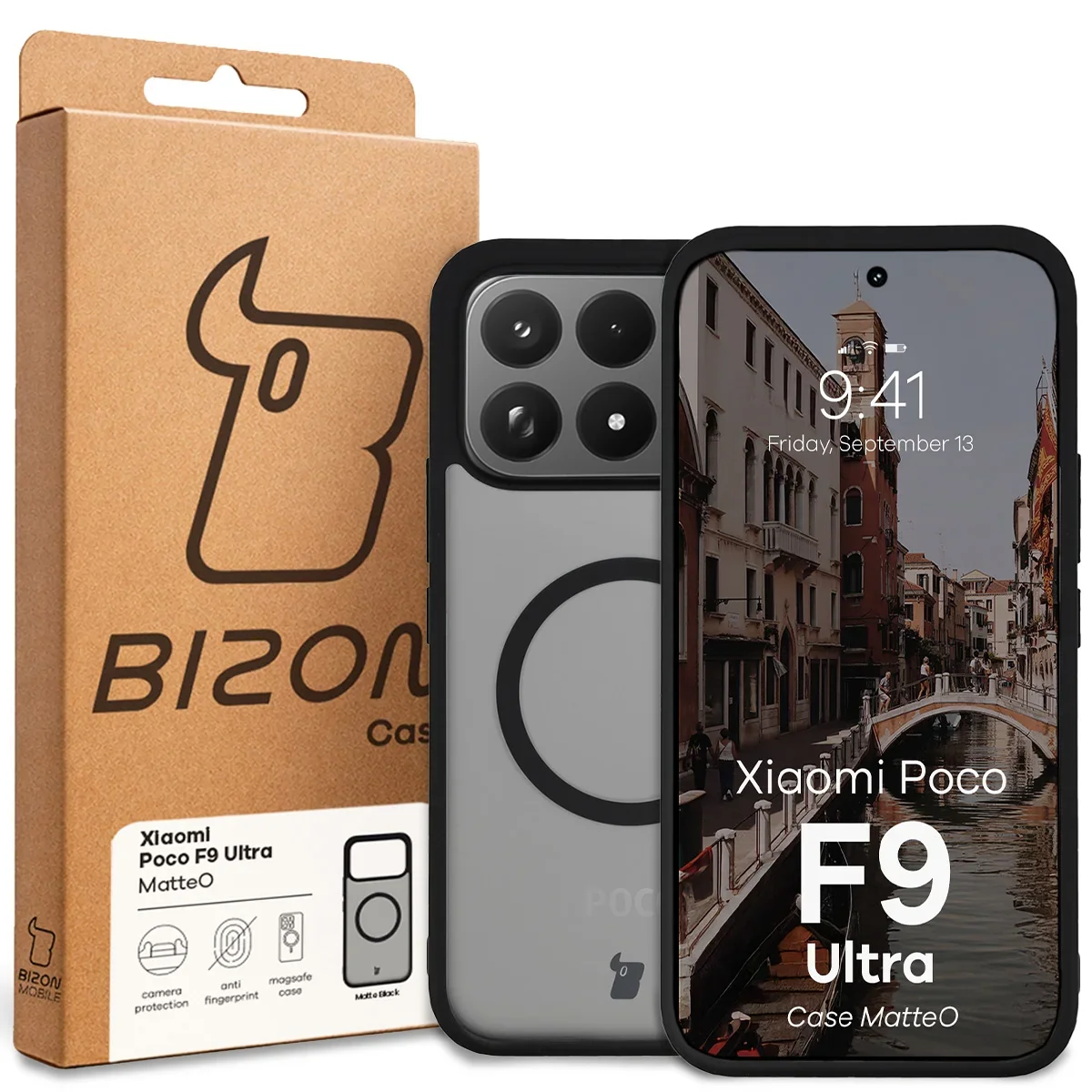Przód pudełka Bizon Case z dedykowaną etykietą do Xiaomi POCO F9 Ultra