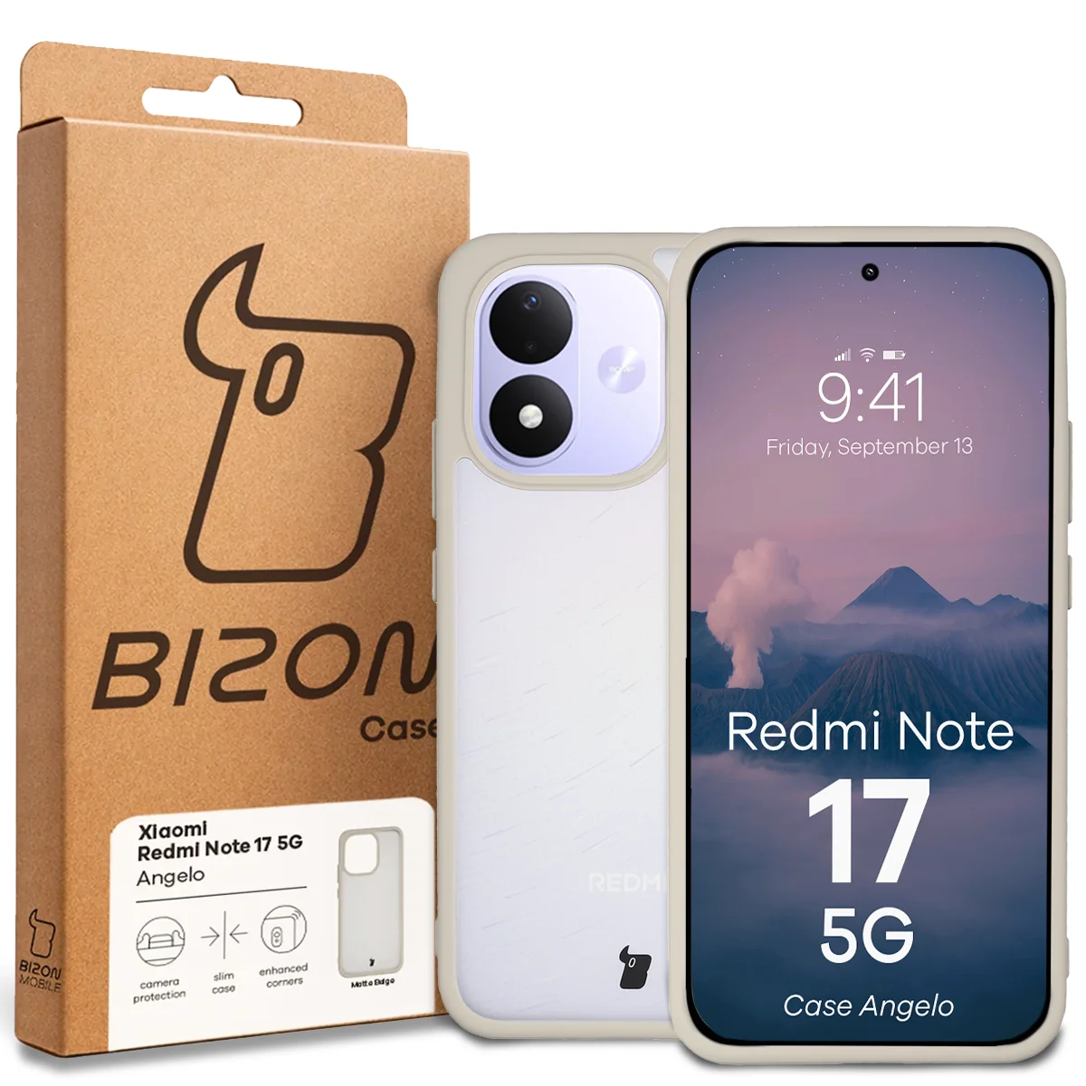 Przód pudełka Bizon Case z dedykowaną etykietą do Xiaomi Redmi Note 17 5G