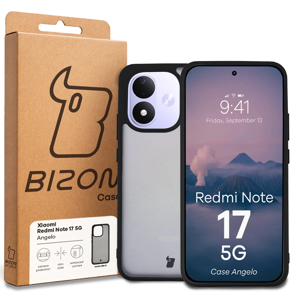 Przód pudełka Bizon Case z dedykowaną etykietą do Xiaomi Redmi Note 17 5G