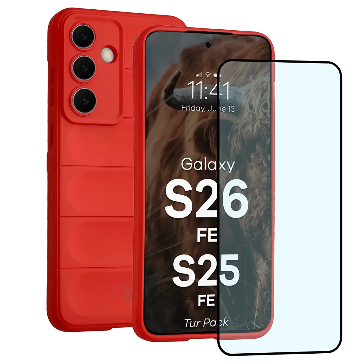 Przód pudełka Bizon Tur Pack z dedykowaną etykietą do Galaxy S25 FE, Galaxy S26 FE